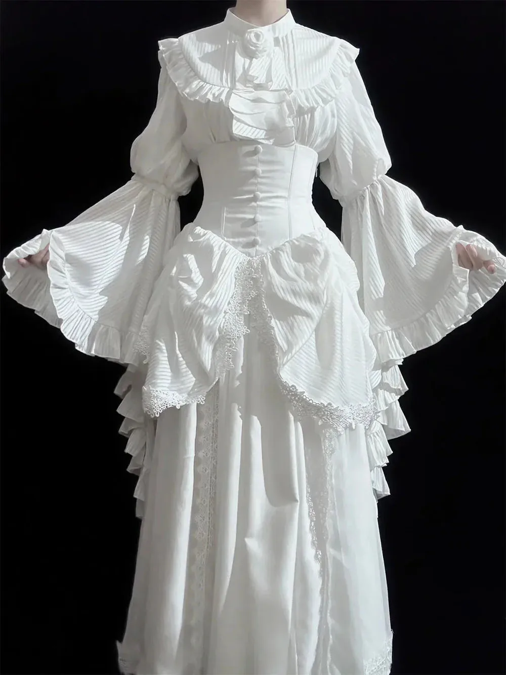 Customized White Victorian Wedding Dress High Neck Ruffles Long Sleeves with Veil Elegant Bridal Gown