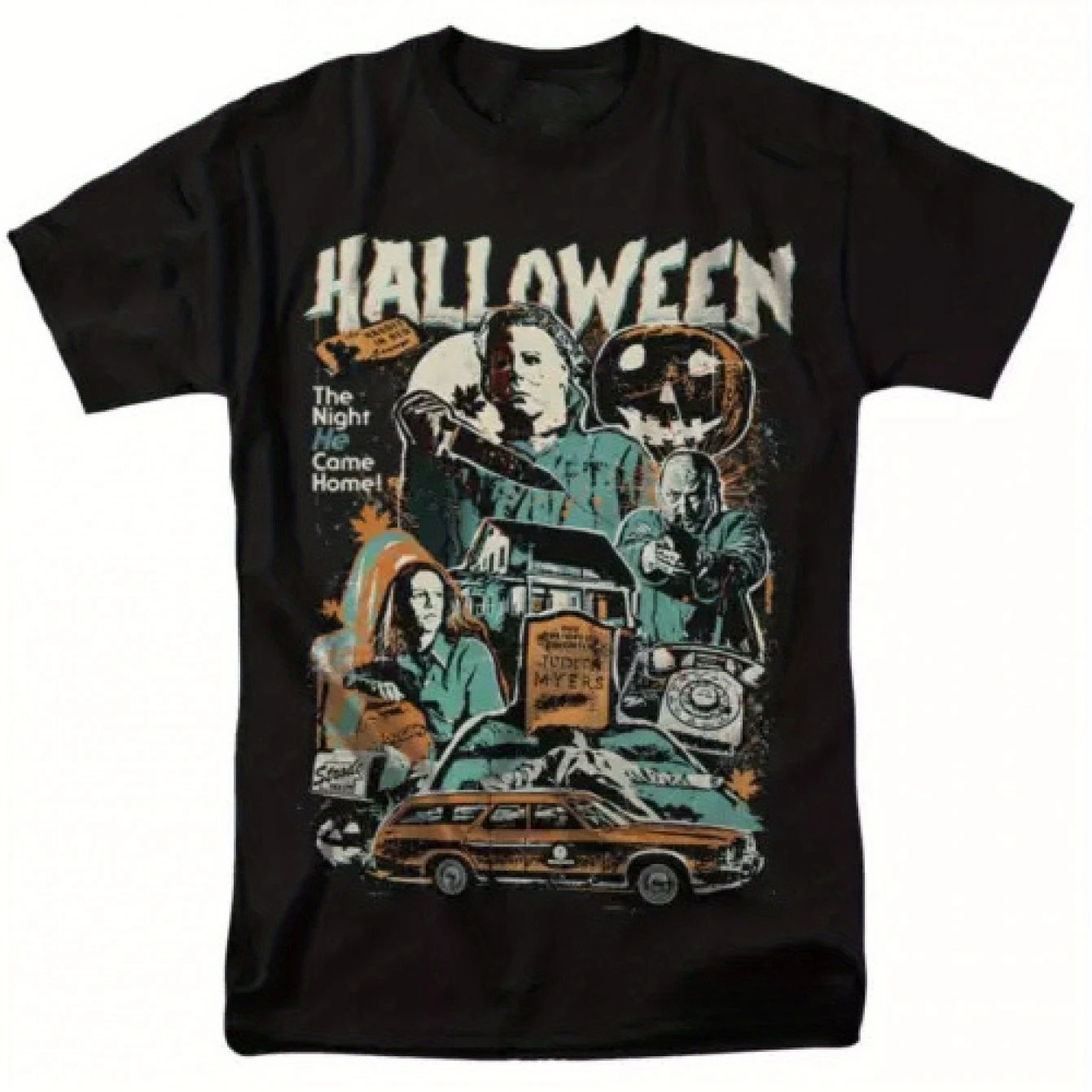 Men's Women's Vintage 90s Michael Myers Halloween Horror Movie Graphic T-Shirt Black Retro Spooky Design with Haunted House Bats