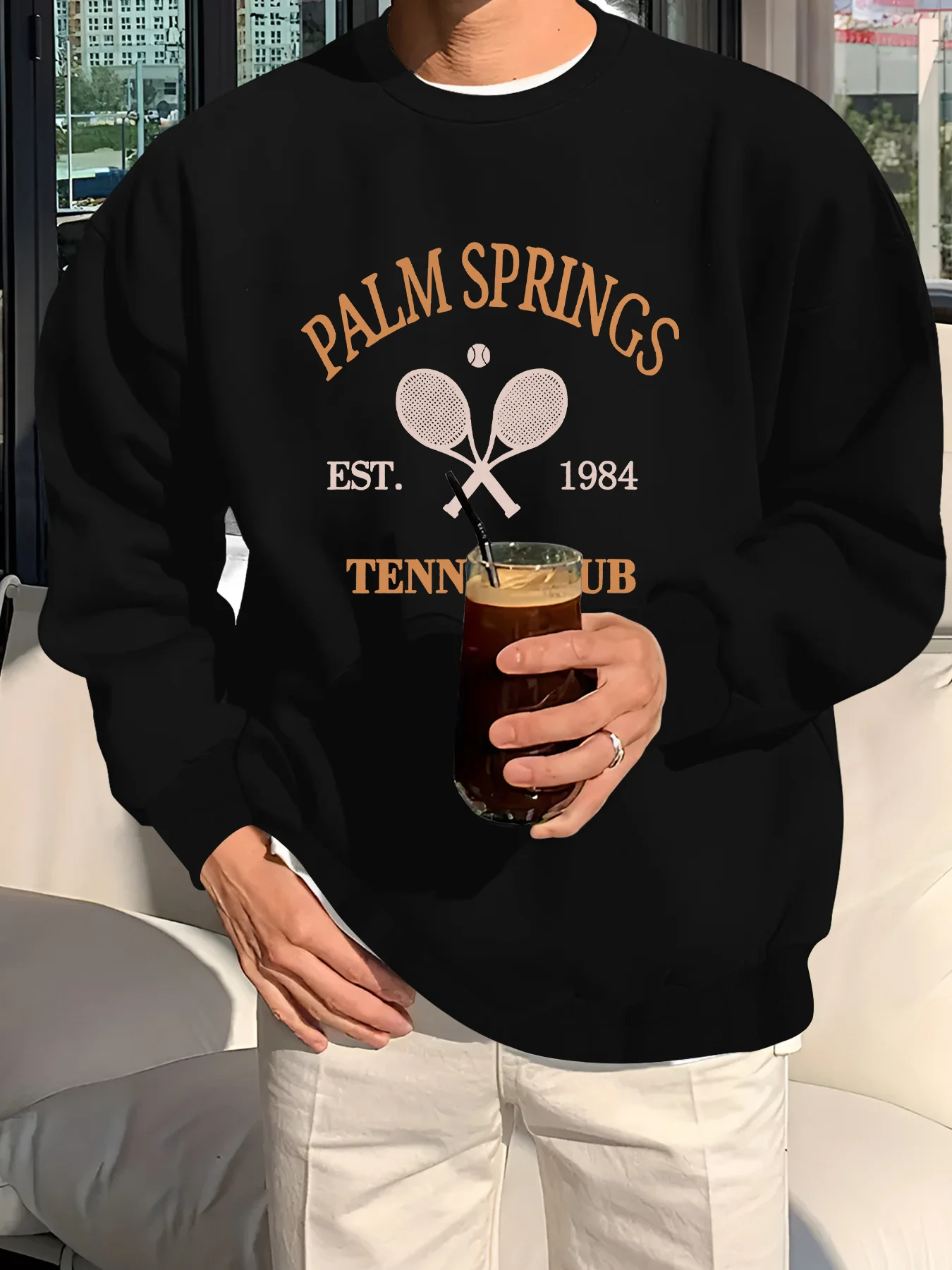 

Palm Springs Tennis Club Graphic Sweatshirt, Polyester Crew Neck Casual Pullover, Regular Fit Knit Fabric with Slight Stretch