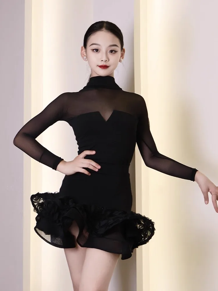أطفال الشتاء شبكة سوداء طويلة الأكمام الفتيات فستان رقص اللاتينية تشاتشا رومبا ملابس الرقص أزياء مسرحية مرحلة ارتداء DQL12009