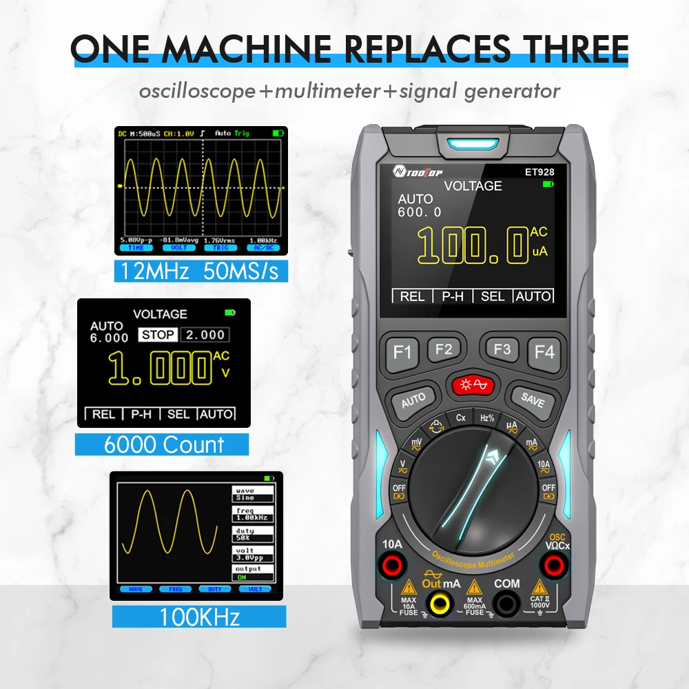 TOOLTOP Color Screen Auto Multimeter One Click Oscilloscope 12MHz 50Msps Sampling Rate 100KHz Signal Generator On Off Test Data