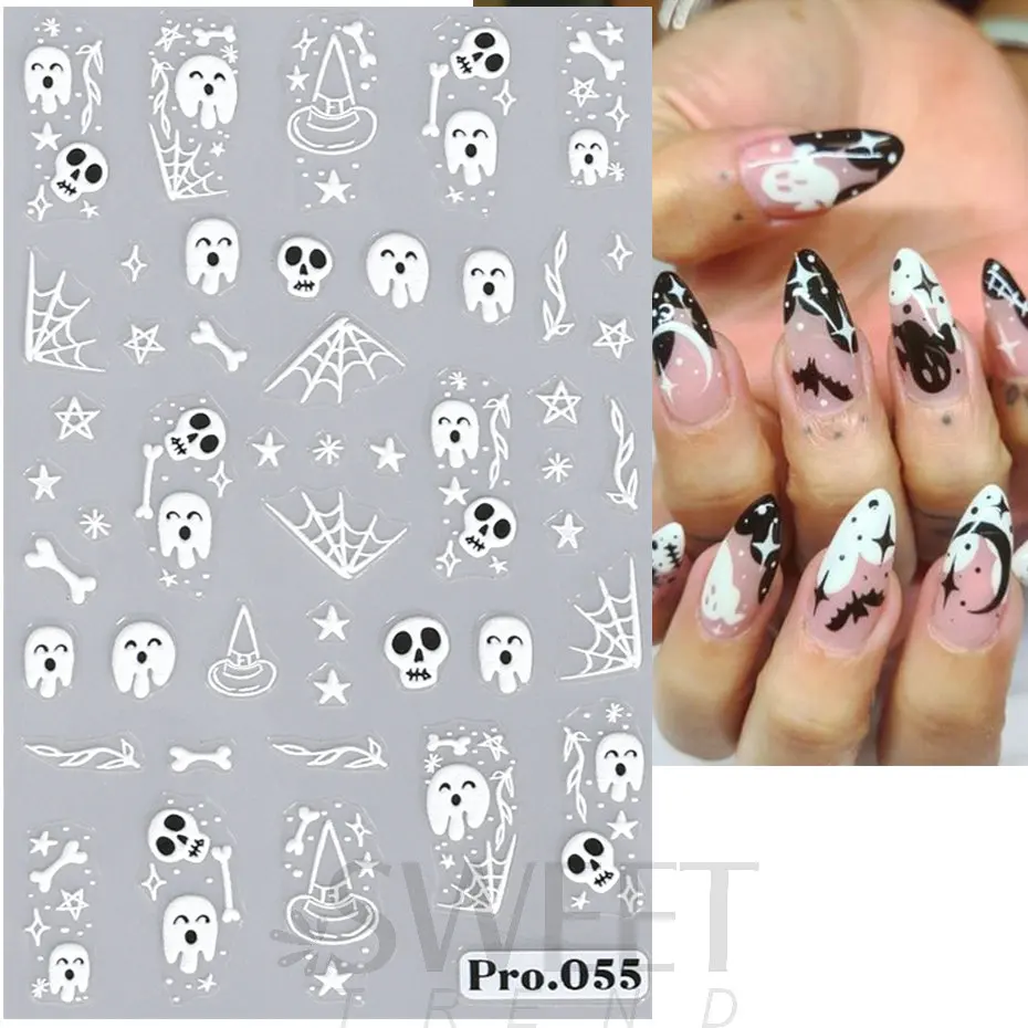 Autocollant pour Ongles en Relief 5D, Motif Fantôme d'Halloween, Citrouille, Étoile, Toile d'Araignée, Crâne, Rose, Dessin Animé Floral, Festival d'Hiver, Décoration de Manucure