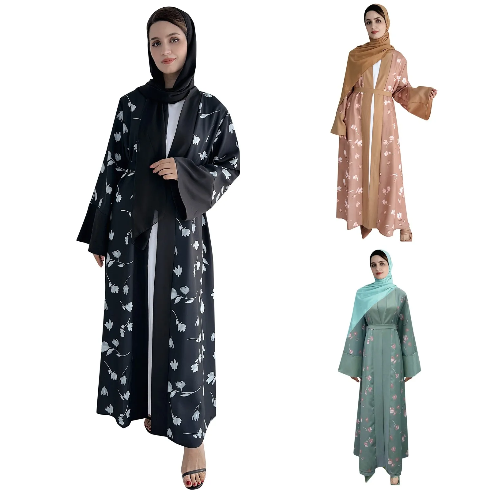 

2024 Spring Muslim Dress for Women Ramadan Arab Open Abaya Dubai Islamic Floral Kimono Clothing Eid Turkey Long Sleeve Cardigan