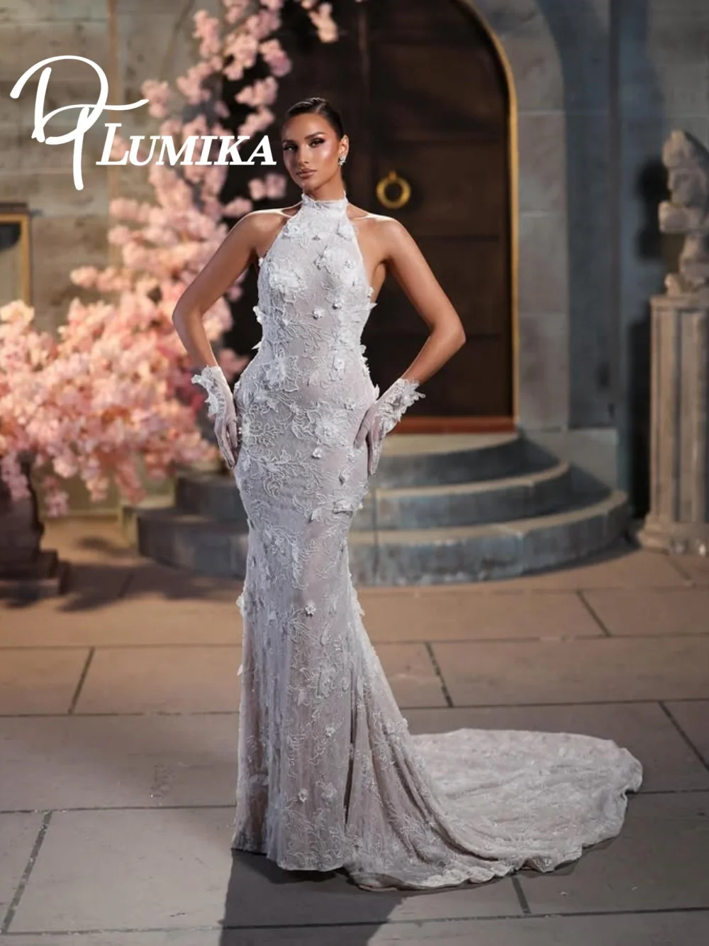 

Romantic Halter 3D Floral Wedding Dress 2026 Popular Lace Applique Bridal Dress Classic No Glove Bridal Gown Vestidos De Novia