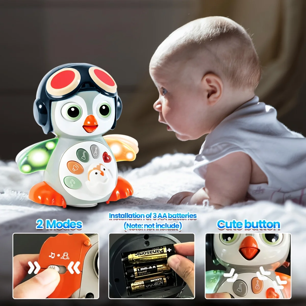 ของเล่นเด็กแบบคลานรูปเพนกวิน 1 ชิ้น, ของเล่นเสริมพัฒนาการสำหรับเด็กเล็กพร้อมเสียงเพลงและแสงไฟ, ของเล่นเรียนรู้แบบมีไฟ, ของเล่นเด็กคลานเต้นรำ