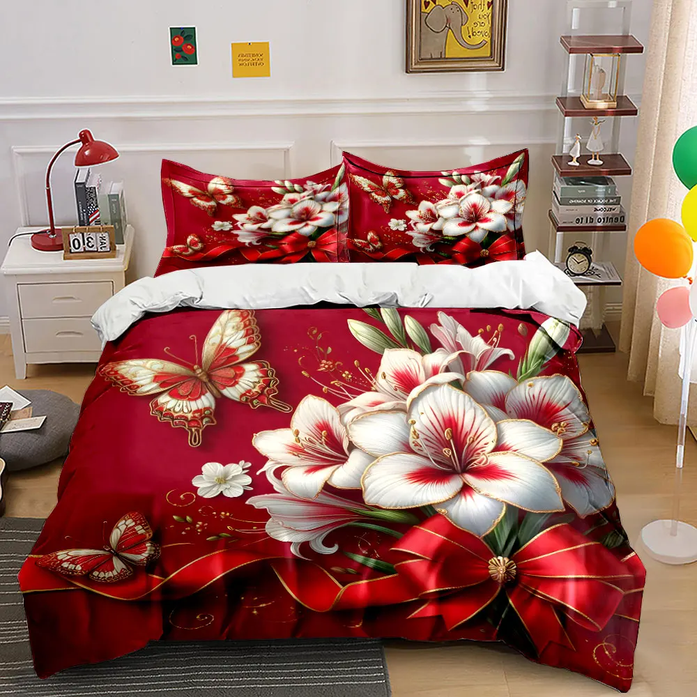 Red and White Lilies with Butterflies Print Bedding Set 1 Duvet Cover 2 Pillowcases for Adult and Children Luxury Gift Full Size