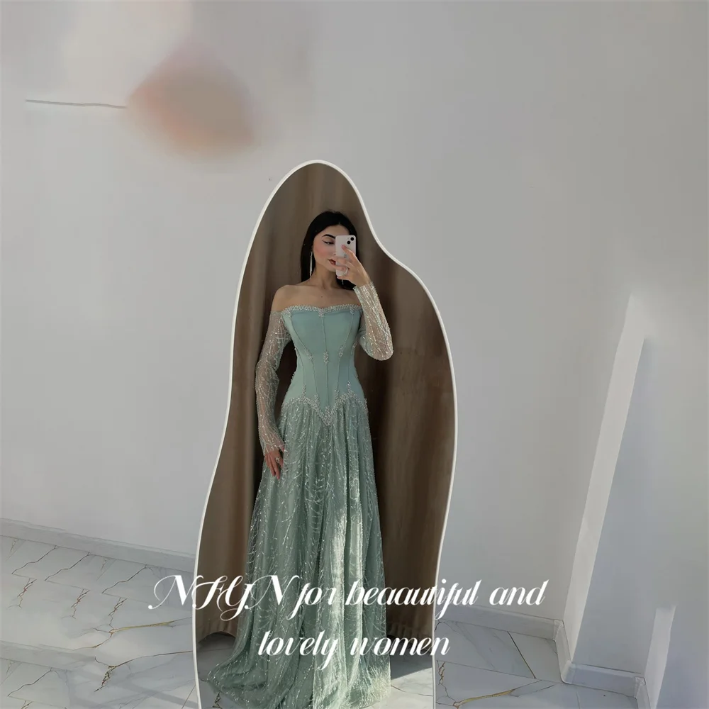 NFYN Teal Party Dress Off the Shoulder Long Sleeve Evening Dress Beading On Chest A Line Prom Gown Unique فساتين سهره Customized