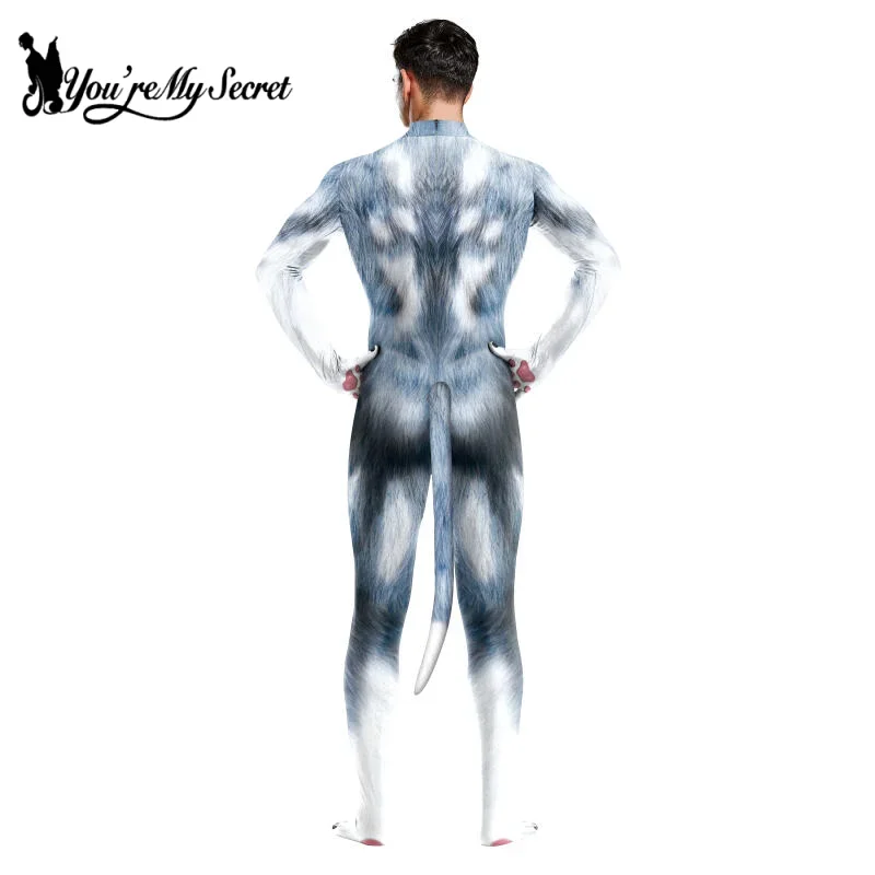 [คุณความลับของฉัน] ฮาโลวีน Furry คอสเพลย์เครื่องแต่งกาย Husky Dog ผู้ชายคอสเพลย์สัตว์หมาป่าพิมพ์ชุดบอดี้สูทสัตว์เลี้ยง Jumpsuit พร้อมหาง