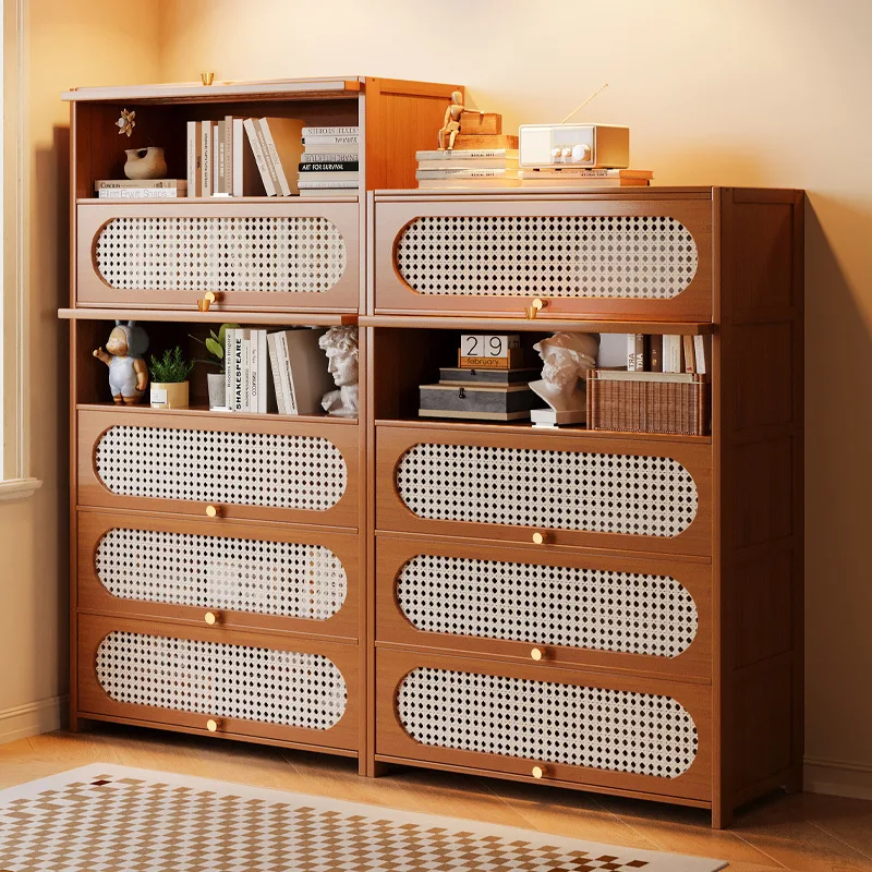american-tipping-bucket-bookcase-retro-rattan-entry-corridor-shelf-locker-large-capacity-storage-display-cabinet