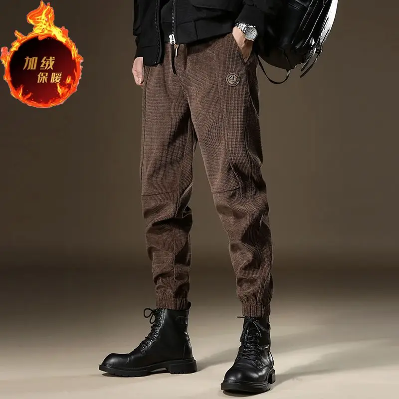 

Autumn and Winter Men's Elastic Waist Drawstring Solid Color Corduroy Trendy Belted Pockets New Harlan Casual Sports Long Pants