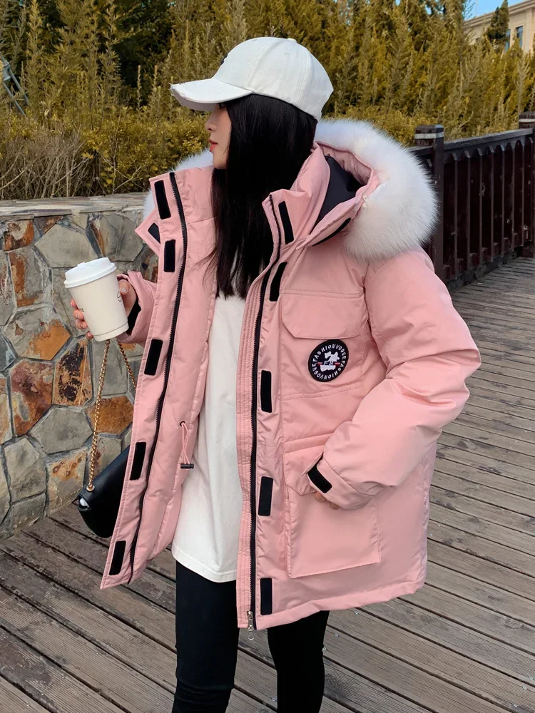 Pink  Hooded Puffer Women's Winter 2022 Parker Clip Overcome Thickening Winter Outdoor White Snow Jacket Couples Cargo Jacket