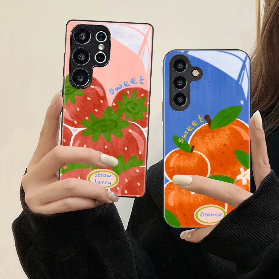 Cute Orange Fruit Case For Samsung A57 A37 A07 A17 A36 A56 A16 A06 A26 A15 A25 A35 A55 A14  A34 A54 5G Tempered Glass Phone Case