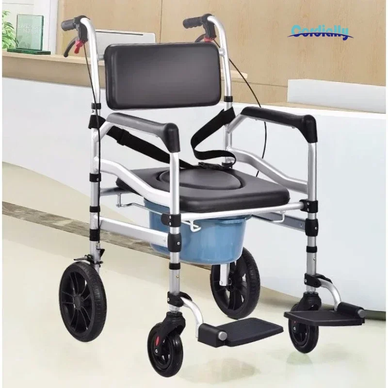Chaise de toilette portable en alliage avec roulettes, chaise de douche pliable, aide à la mobilité réglable pour adultes, siège de salle de bain