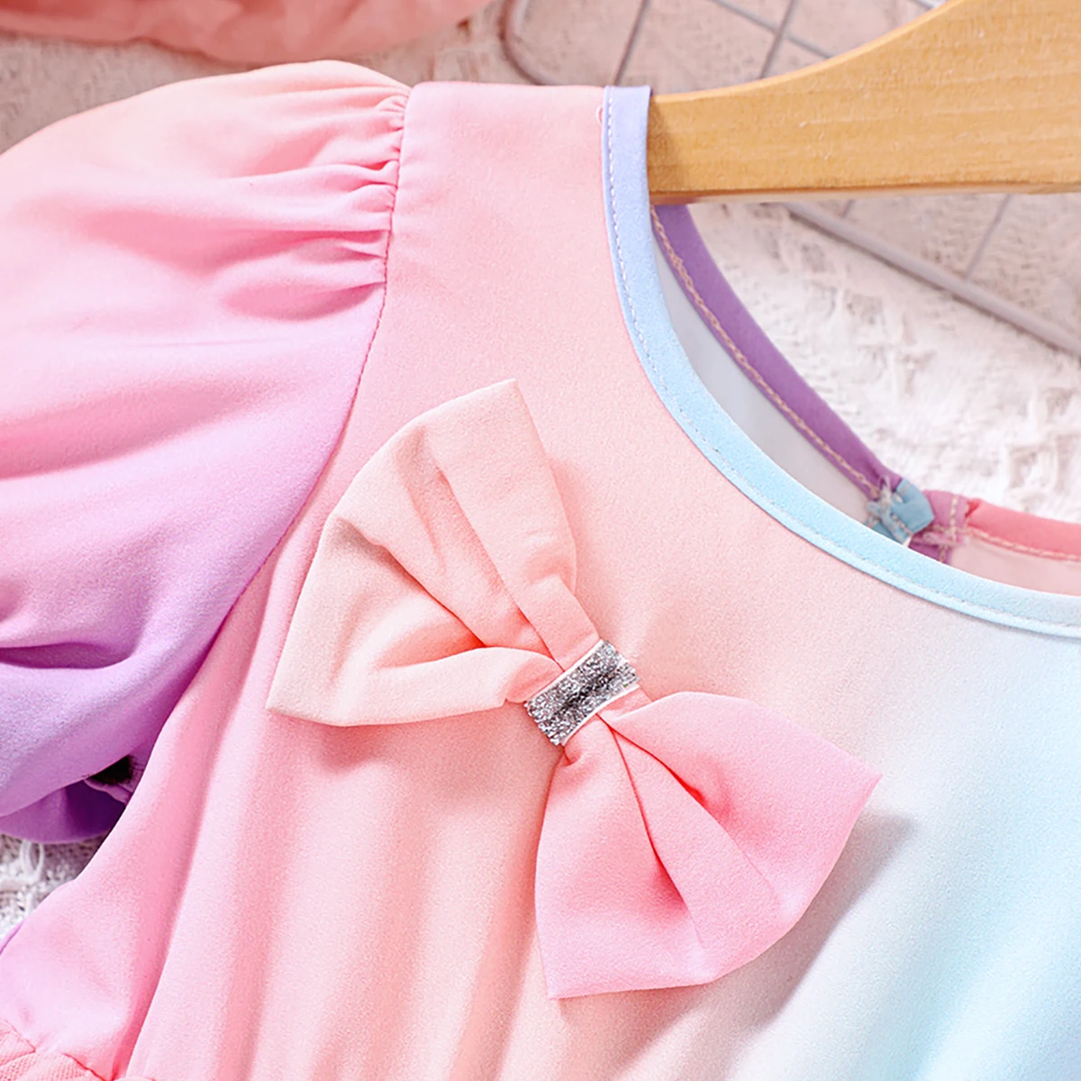 Summer New Leisure Fashion Gradient Bubble Sleeves Bow Colored Mesh Dress For Primary And Secondary School Girls