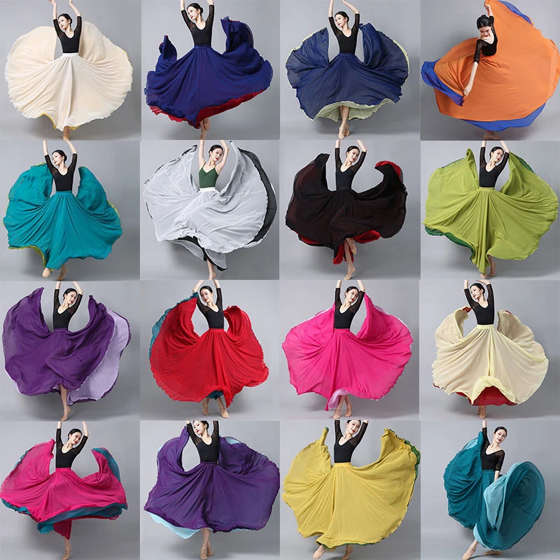 Damska dwustronna spódnica szyfonowa z dużym zamachem, spódnica do tańca klasycznego 540/720 stopni, kostium do tańca brzucha, spódnice maxi na występy sceniczne