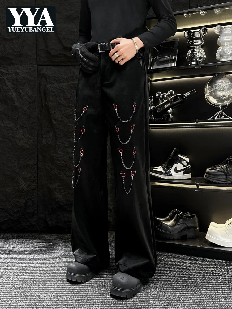 

Молодежные мужские брюки из черной искусственной кожи с металлической декоративной цепочкой, полноразмерные, с карманами, модные