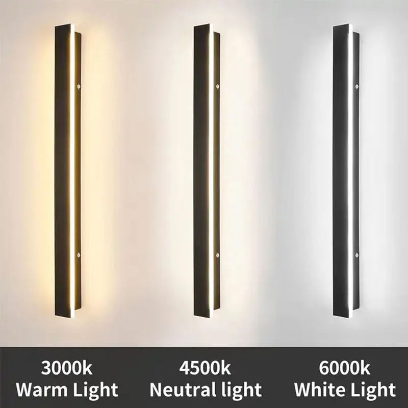 Candelabros de pared de tira larga para exteriores, iluminación lineal resistente al agua IP65, antioxidante, 3000K, 4500K, 6000K, color negro, para porche y patio