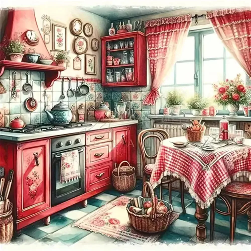 Cozy Vintage Red Country Kitchen Interior Scene Diamond Painting, Mosaic Handicraft, Ideal Holiday Gift for Home Wall Decor