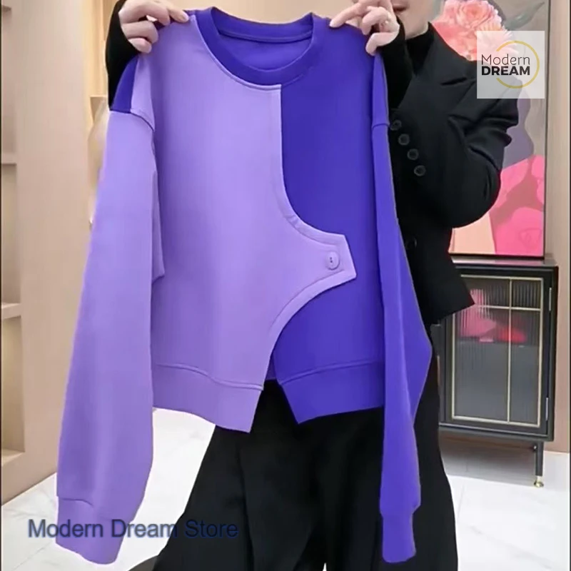 

Korean version of round neck stitching contrast design sense long-sleeved sweater women's autumn and winter new loose warm top