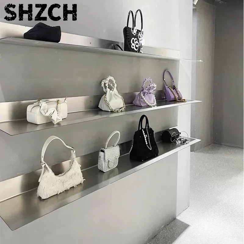 Stainless Steel Wall Display Shelf Modern Storage Rack for Shoes Bags Horizontal Exhibition Board Space-Saving Store Organizer