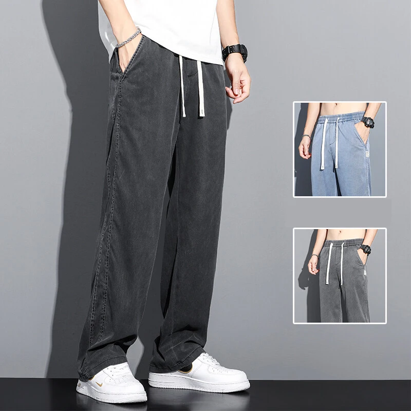 

New Soft Fabric Drawstring Elastic Waist Men'S Jeans Loose Straight Pants Thin Korean Casual Large Size M-5xl