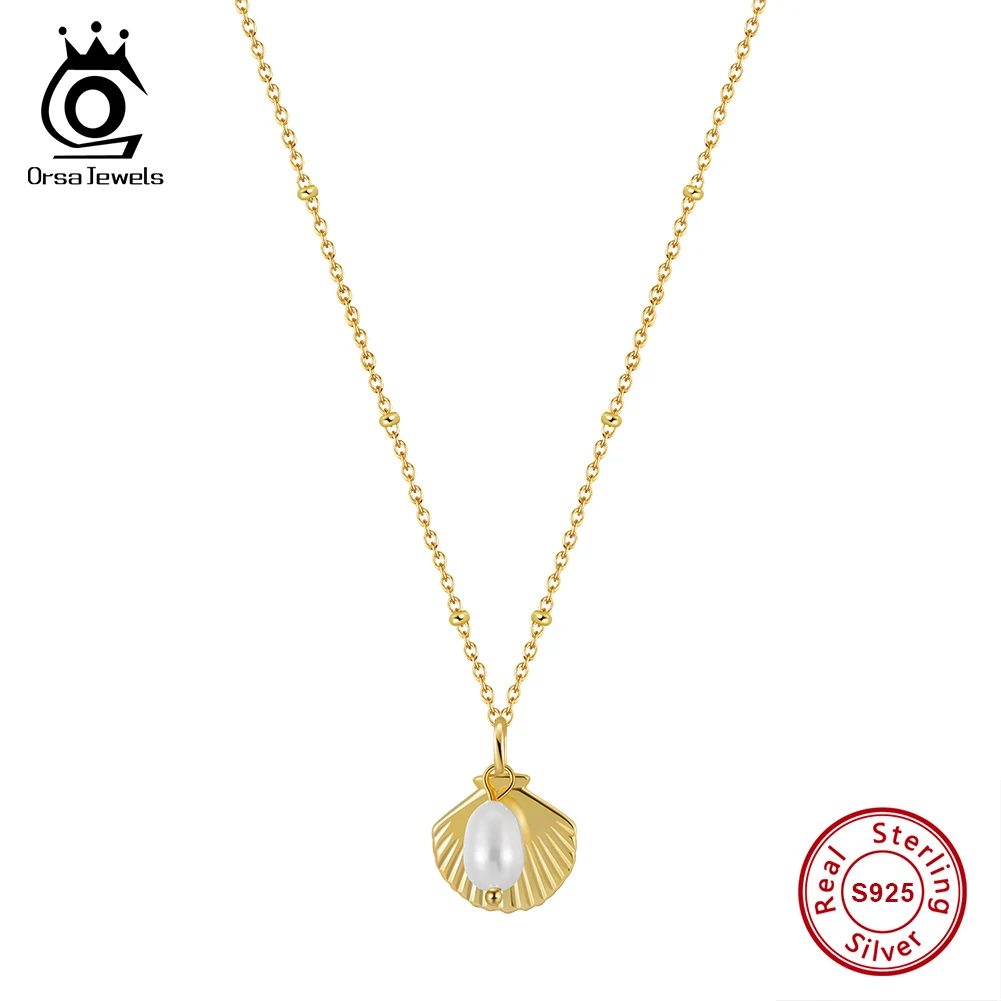 ORSA JEWELS 925 Sterling Silver Shell Pendant Necklace with Baroque Pearl Pendant White Pearl Clavicle Chain Party Jewelry GPN83