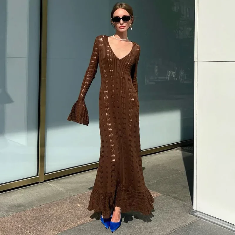 

Hollow Knitted Dress For Women Fashion Flared Long Sleeve Casual Vacation Maxi Dress New Summer Cardigan Dress Knitwear