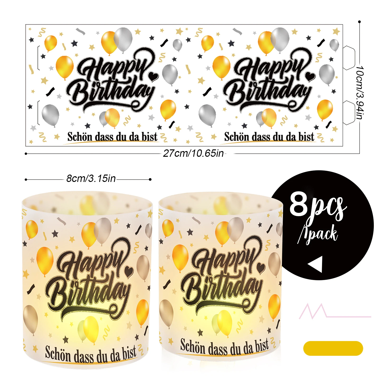 8 pcs. Black Gold Birthday Table Lamp Shades - Battery-Free Decorative Plastic Covers with Balloons