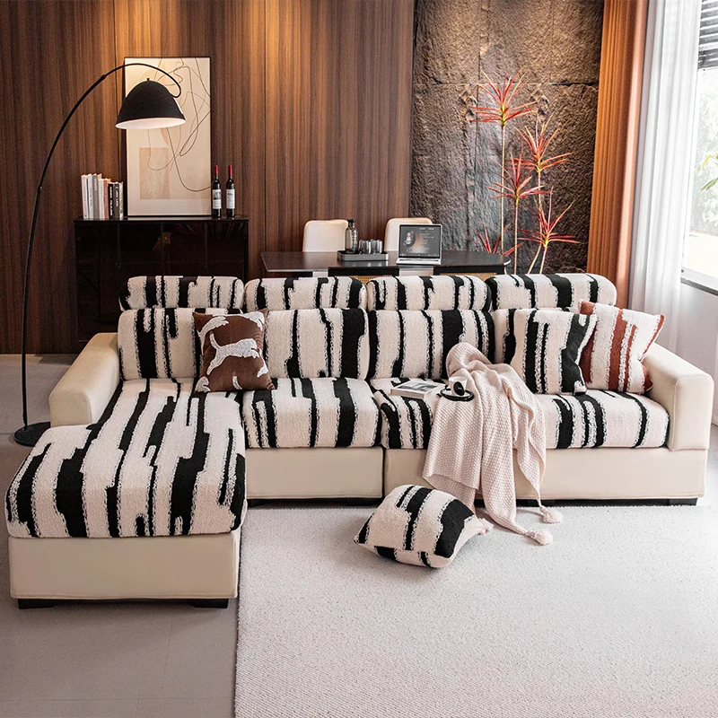 1pc Black White Stripe Sofa Cover, Stretch Elastic Sofa Slipcover, Machine Washable Furniture Protector for Multi-size Sofa