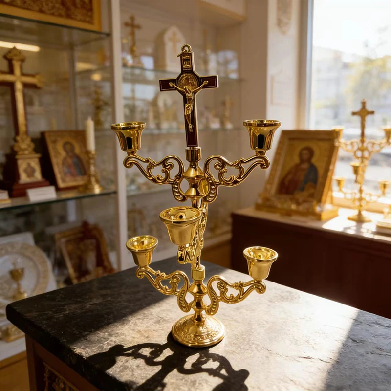 

Gold Plated Orthodox Catholic Five Branch Candelabra with Crucifix Cross for Church Liturgy Home Altar Devotion Christian Gift