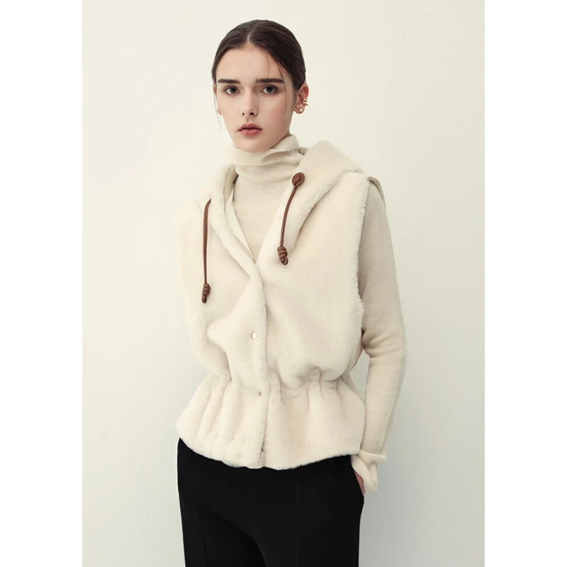 

Faionable Warm MICOAT Autumn Winter Hooded Lamb Fur Goose down Patchwork Women's Vest Two Colors Single Button Closure Pure...