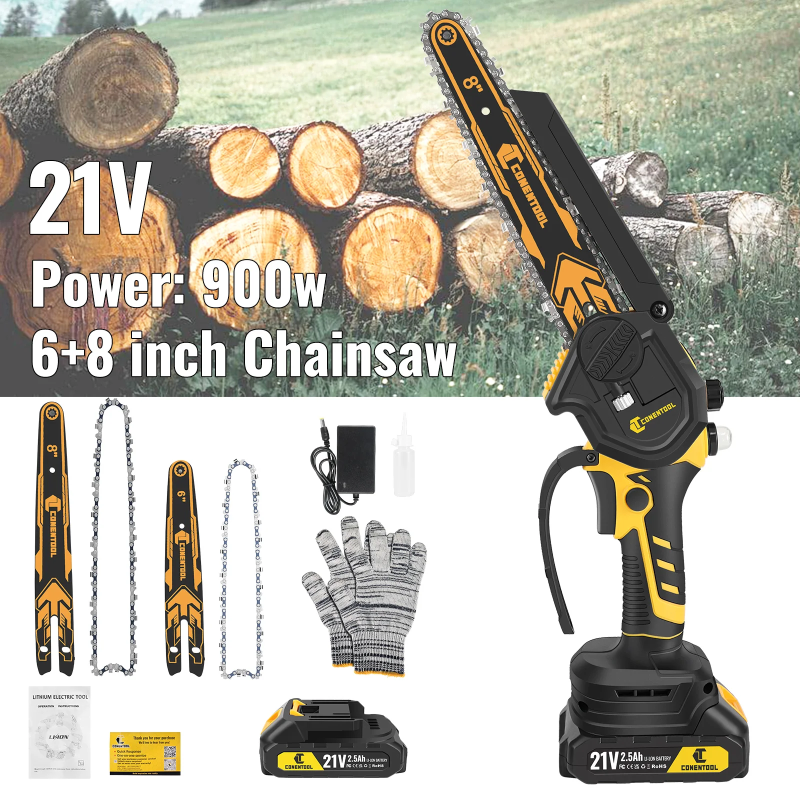 CONENTOOL 900W Mini Chainsaw 8Inch / 6inch, 21V Cordless Electric Chain Saw+ Li-ion Battery, Handheld Wood Cutting Pruning