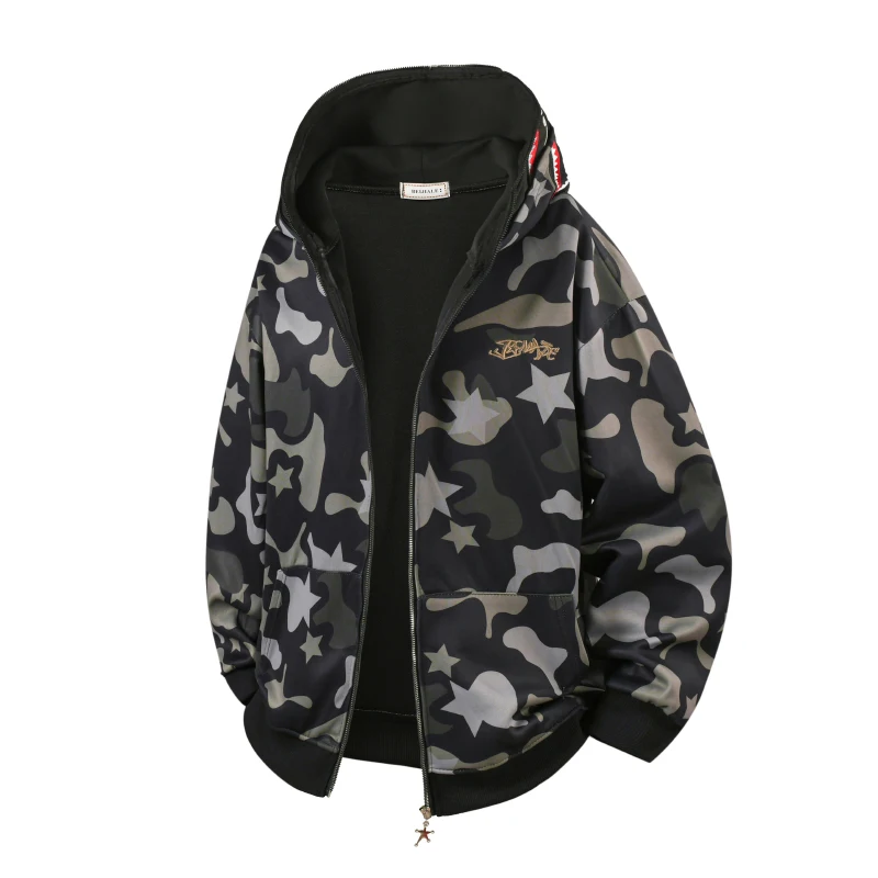 

Spring Autumn Fashion Trend High Street Double Hat Camouflage Creative Shark Zipper Sweatshirt Jacket Niche Design Long Sleeved