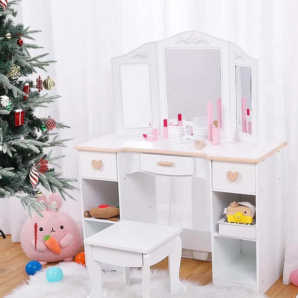 

Kids Vanity Table and Chair Set with Mirror and Drawer Vanity for Toddlers 3-5 Wood Makeup Dressing Table Christmas Gift