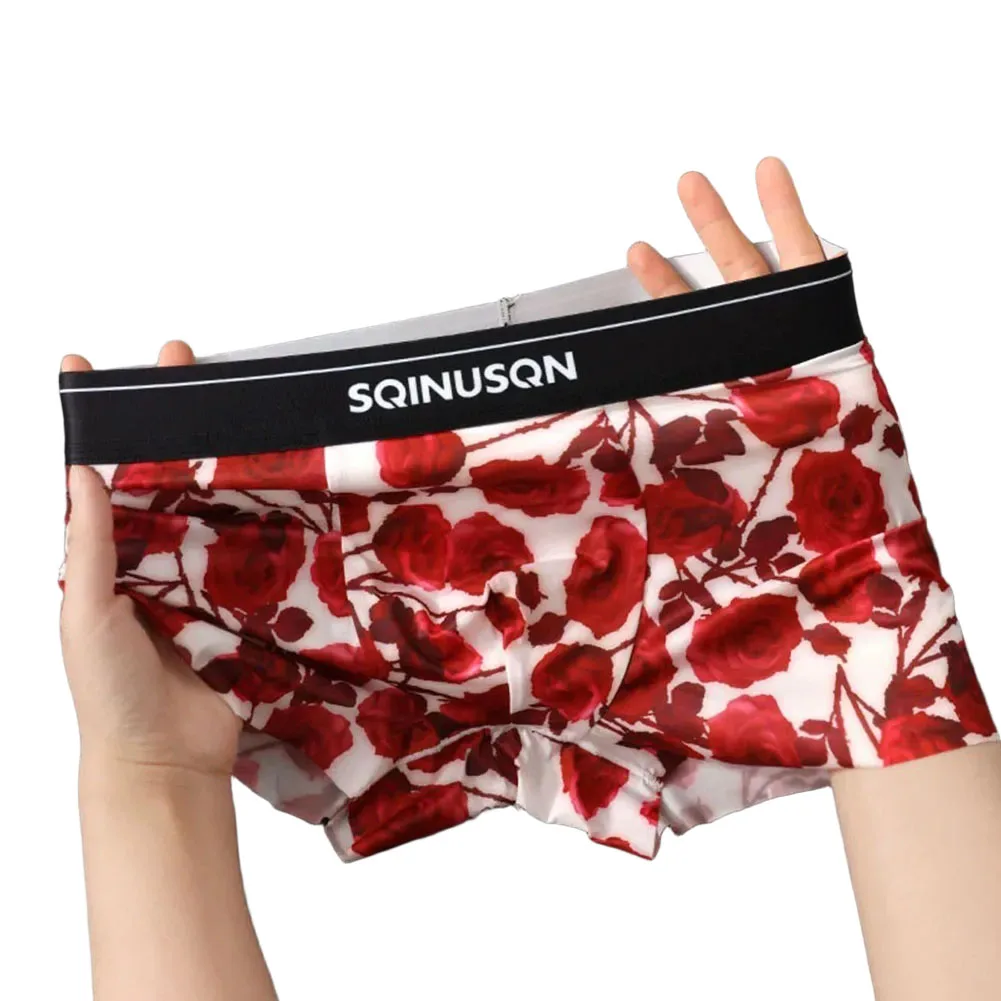 Men Rose Printed Retro Underwear Boxer Shorts Breathable Seamless Trunks Panties Boxer Shorts Sexy Thin Flat Corner Panties