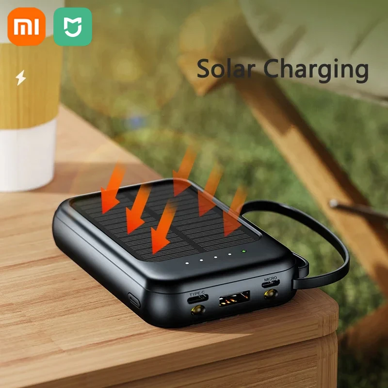 Xiaomi 50000mAh بنك الطاقة الشمسية فائق السعة كابلات مدمجة شاحن بالطاقة الشمسية 2 منافذ USB شاحن خارجي Powerbank مع ضوء LED