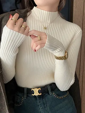 Solid Color Slim Tops Chic Autumn Winter 2026 Pullovers Women Long Sleeve Casual Turtleneck Warm Basic Sweater Knit Jumpers