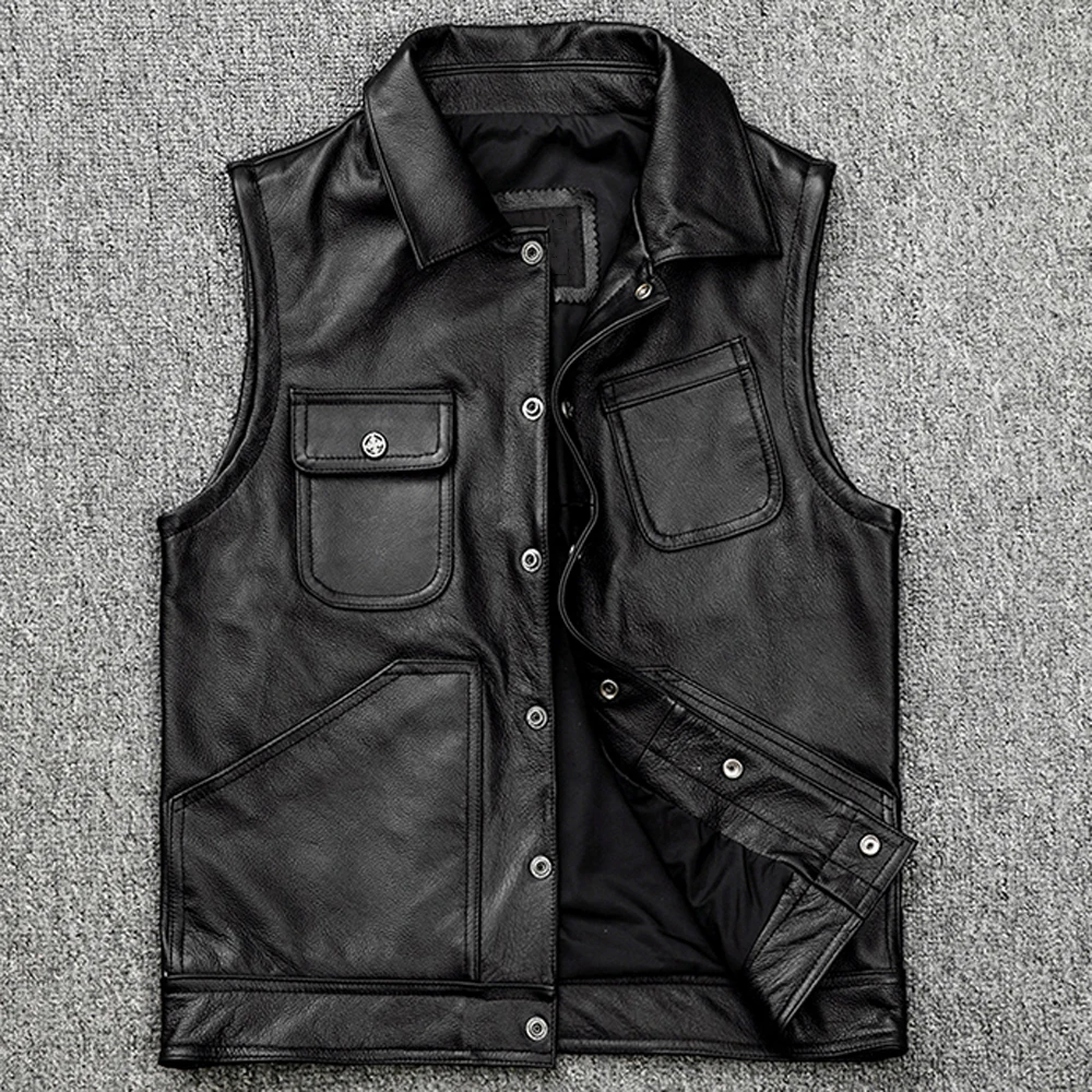 New Arrivals Cowhide Men Vest Coat Genuine Leather Waistcoat For Man European Brand Dress Suit Vest Weskit Muti Pocket Tank Tops