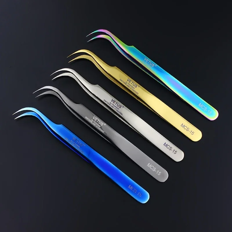 100% Genunie VETUS MCS-15/12 series Rainbow Tweezers False Eyelash Extension Tweezer Stainless Steel Colorful Tweezers