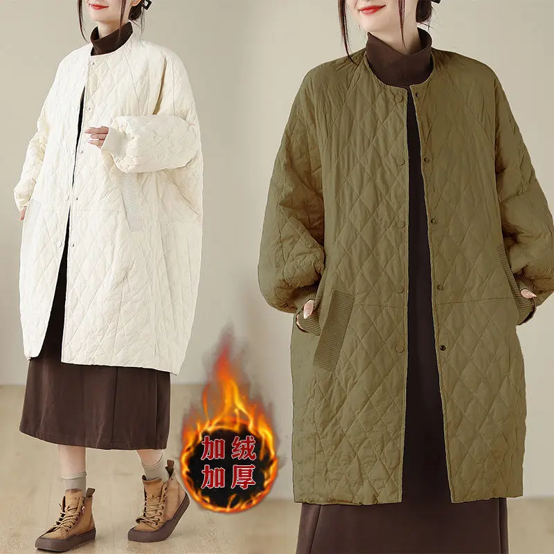 Oversized diamante xadrez para baixo jaqueta de algodão 2025 europeu feminino casaco longo leve jaqueta de algodão inverno parka novo casaco feminino