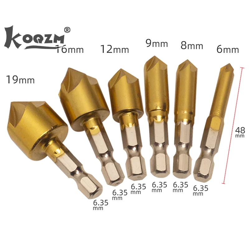 

6 шт. сверло с титановым покрытием 1/4 ''шестигранный хвостовик Высокоскоростная сталь 90 градусов деревянная фаска резак 6/8/9/12/16/19 мм