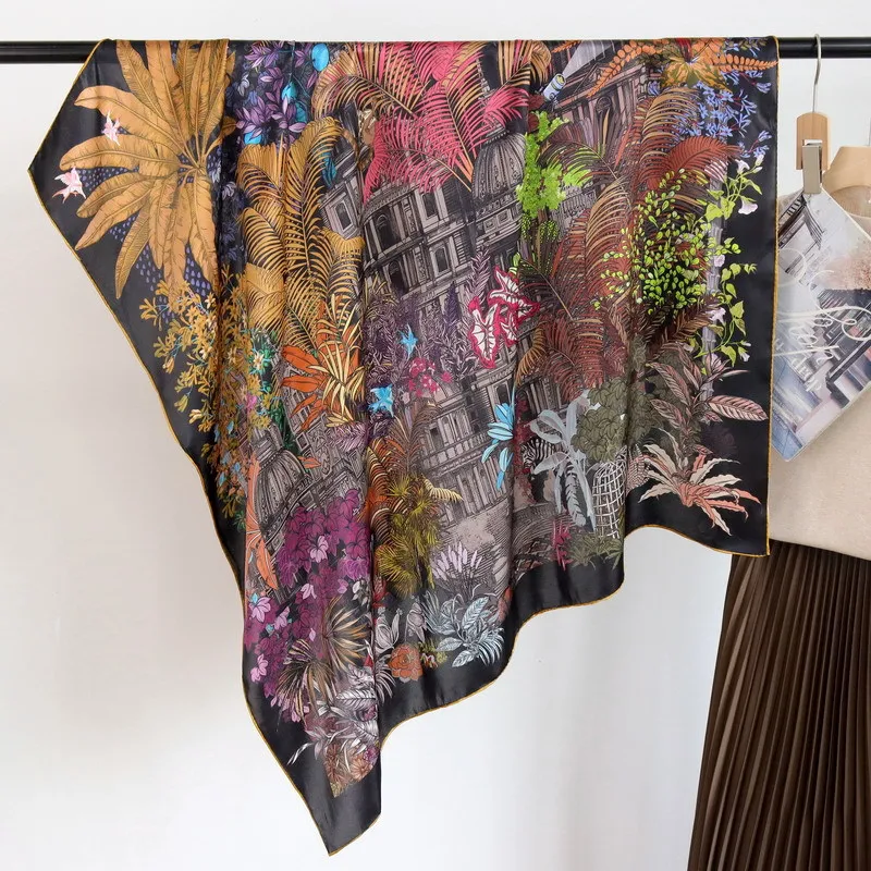 Silk Scarf Luxury Hand Rolled Bandanas 110CM Oversized Square Shawls Hair Neck Belt Scarves Satin Soft Hijab 110cm