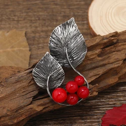 Morkopela Red Stone Vintage Flower Leaves Brooch Bouquet Clothes Pin Antique Metal Brooches And Pins For Women