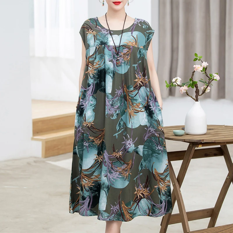 New Fashion 2023 Casual Vintage Summer Dress For Women Vestido Print Natural Short Sleeve O-neck Cotton and Linen Women Clothing