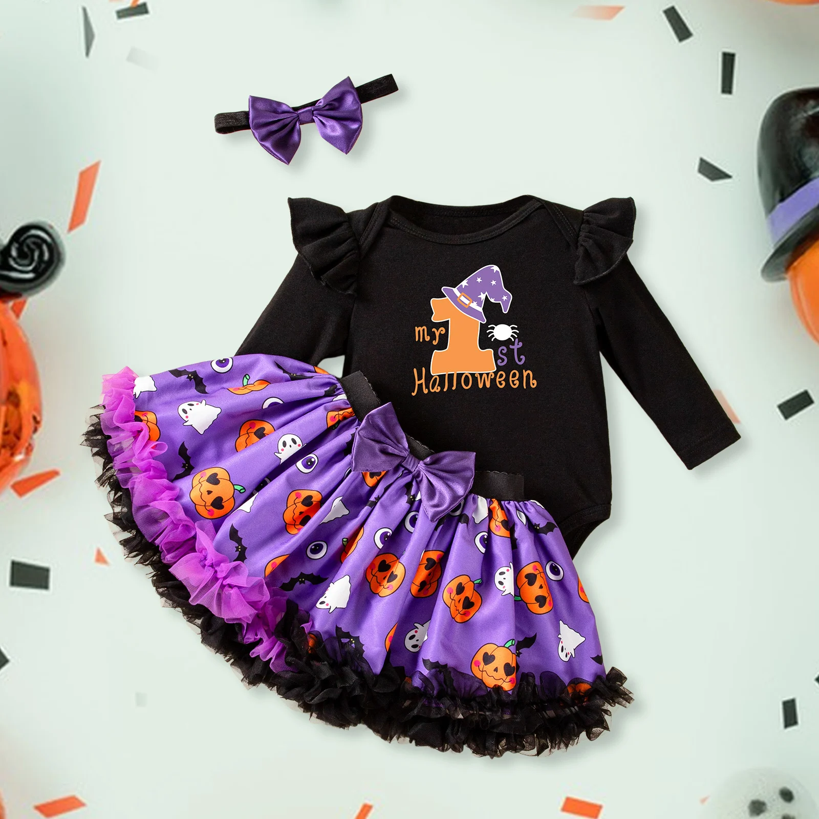 

Baby Girls 3-piece Outfit, Long Sleeve Letters Print Romper with Pumpkin Ghost Skirt Headband Halloween Clothes