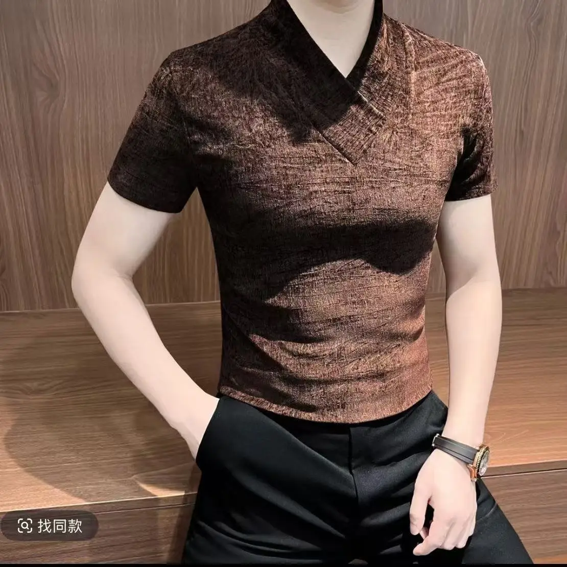 2026 Summer V-neck T-shirt for Men Retro Short Sleeved Casual Business Base Shirt Fashion Social Streetwear T-shirt Men Clothing