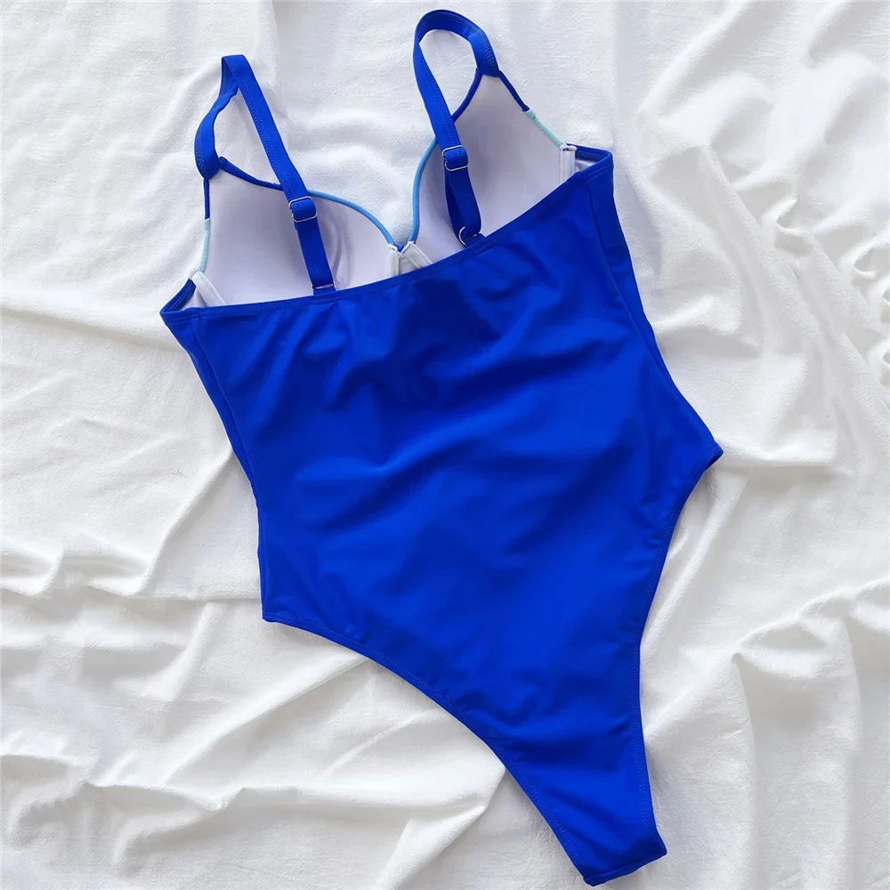 Maillot de bain une pièce, sexy, bleu, épissage, soutien-gorge push-up, dos nu, pour femmes, vêtements de natation, 2024