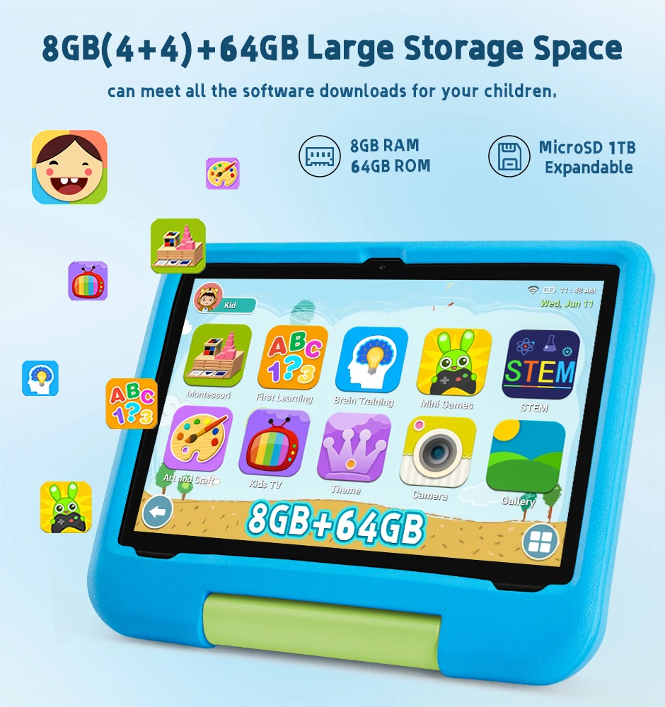 2026 New Android 15 Kids Tablet 10 Inch HD IPS 8GB RAM 64GB ROM Expandable 1TB WiFi 6 Kids Mode Eye Protection Toddler Tablet