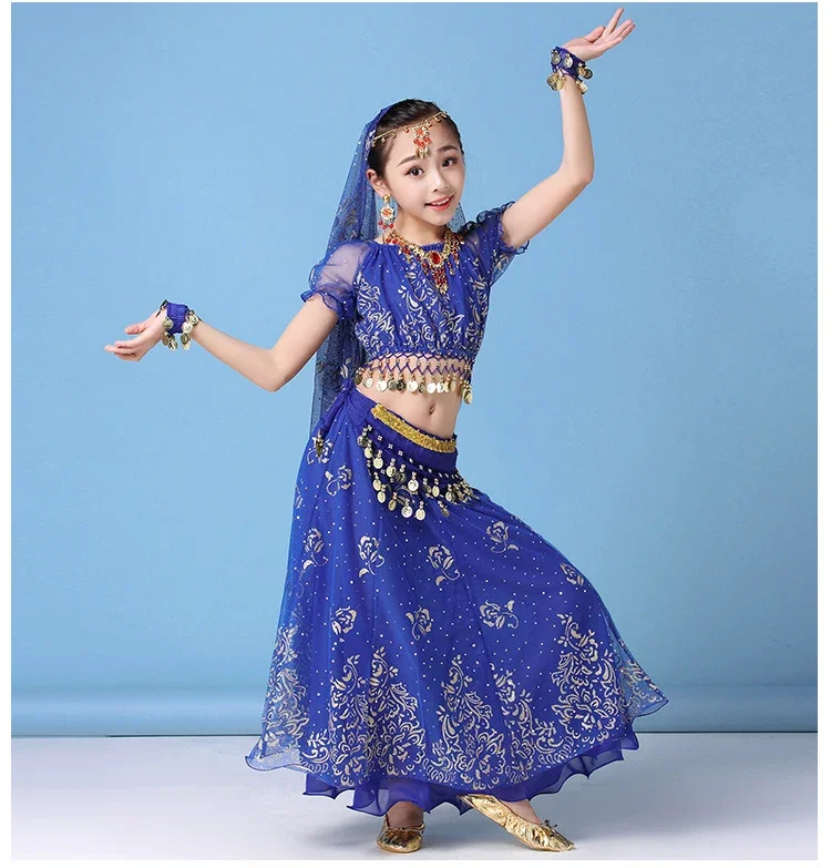 Children Indian Belly Dance Costume Girl Dress Bollywood Belly Dance 4Pcs/Set Performance Kids With Coins Accessories
