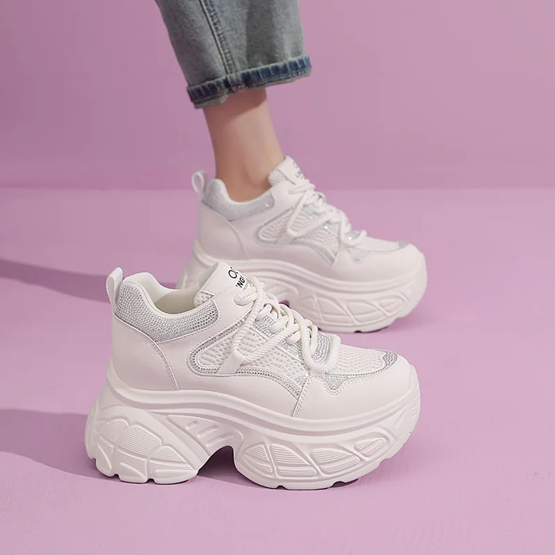 Women's Fashion White Platform Sneakers Thick Sole Non Slip Sports Shoes for Women Lace Up Height Increase Chunky Sneakers
